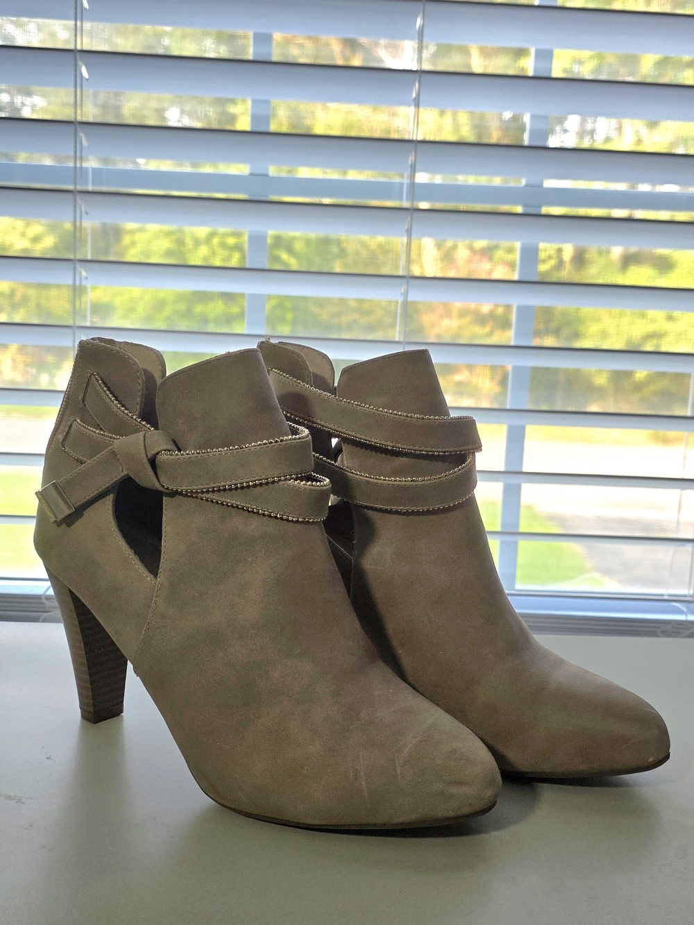 Jennifer Lopez Taupe Suede Cutout Ankle Booties with Wrap Strap